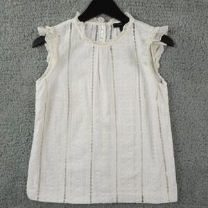 J Crew Shirt Womens 2 Cream Eyelet Ruffle Mock Neck Sleeveless Top Blouse FLAW